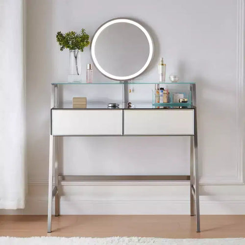 Escritorio tocador de 33.9 con espejo iluminado, mesa de maquillaje con cajones, estante de almacenamiento transparente y estación de carga