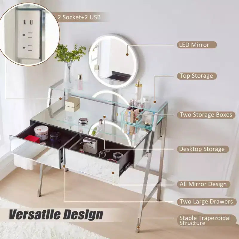 33.9 Vanity Desk with Lighted Mirror, Makeup Table Desk with Drawers, Transparent Storage Shelf and Charging Station, Vanity Makeup Table