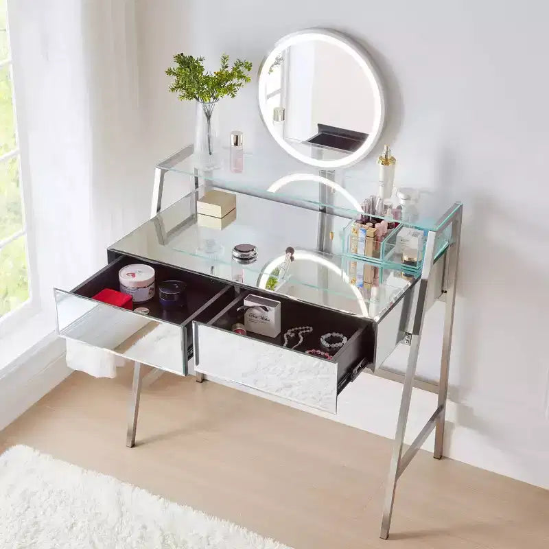 33.9 Vanity Desk with Lighted Mirror, Makeup Table Desk with Drawers, Transparent Storage Shelf and Charging Station, Vanity Makeup Table