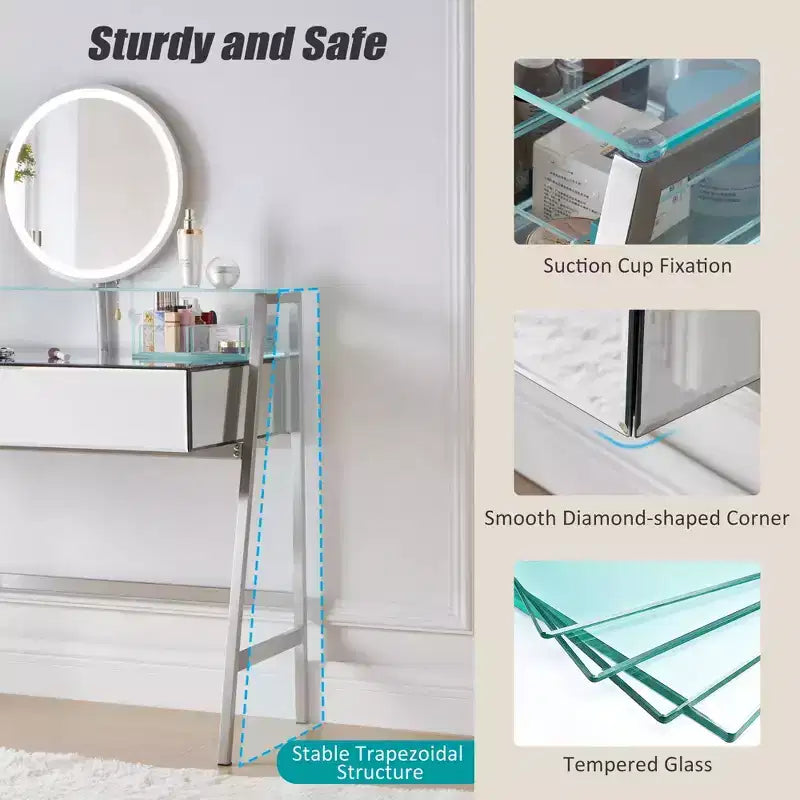 33.9 Vanity Desk with Lighted Mirror, Makeup Table Desk with Drawers, Transparent Storage Shelf and Charging Station, Vanity Makeup Table
