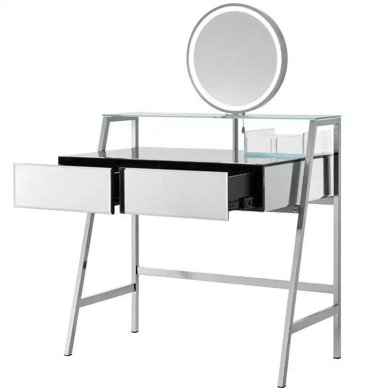 33.9 Vanity Desk with Lighted Mirror, Makeup Table Desk with Drawers, Transparent Storage Shelf and Charging Station, Vanity Makeup Table