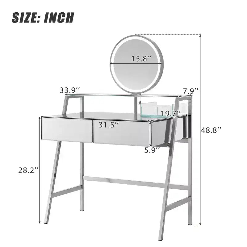 33.9 Vanity Desk with Lighted Mirror, Makeup Table Desk with Drawers, Transparent Storage Shelf and Charging Station, Vanity Makeup Table