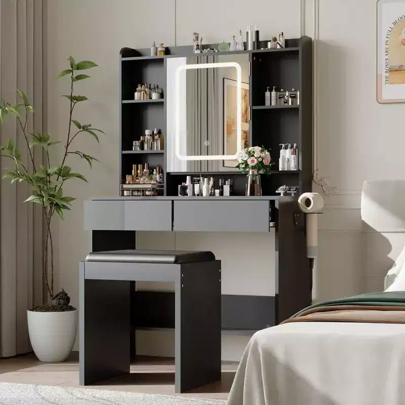 Vanity Desk with Mirror and Lights, for Bedroom, Adjustable 3 Color Lights Modes, Includes Padded Stool, Makeup Table Set with Hidden Storage Shelves