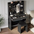 Vanity Desk with Mirror and Lights, for Bedroom, Adjustable 3 Color Lights Modes, Includes Padded Stool, Makeup Table Set with Hidden Storage Shelves