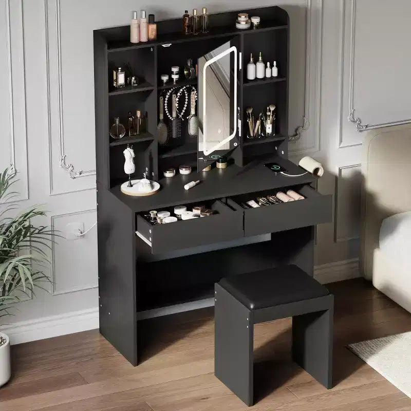 Vanity Desk with Mirror and Lights, for Bedroom, Adjustable 3 Color Lights Modes, Includes Padded Stool, Makeup Table Set with Hidden Storage Shelves