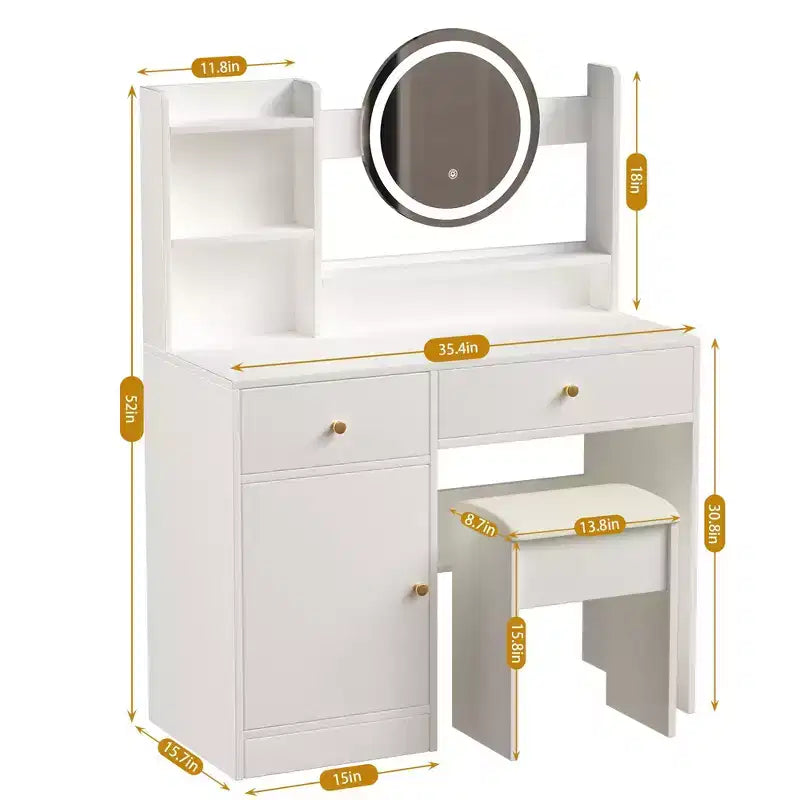 Homy Casa Vanity Desk with Lighted Mirror, Adjustable LED Lighting, White
