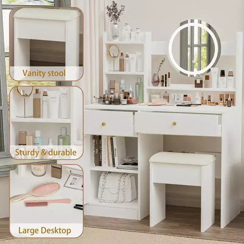 Homy Casa Vanity Desk with Lighted Mirror, Adjustable LED Lighting, White