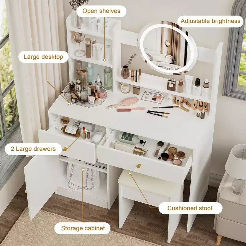Homy Casa Vanity Desk with Lighted Mirror, Adjustable LED Lighting, White