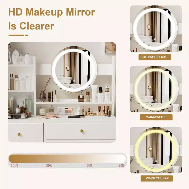 Homy Casa Vanity Desk with Lighted Mirror, Adjustable LED Lighting, White