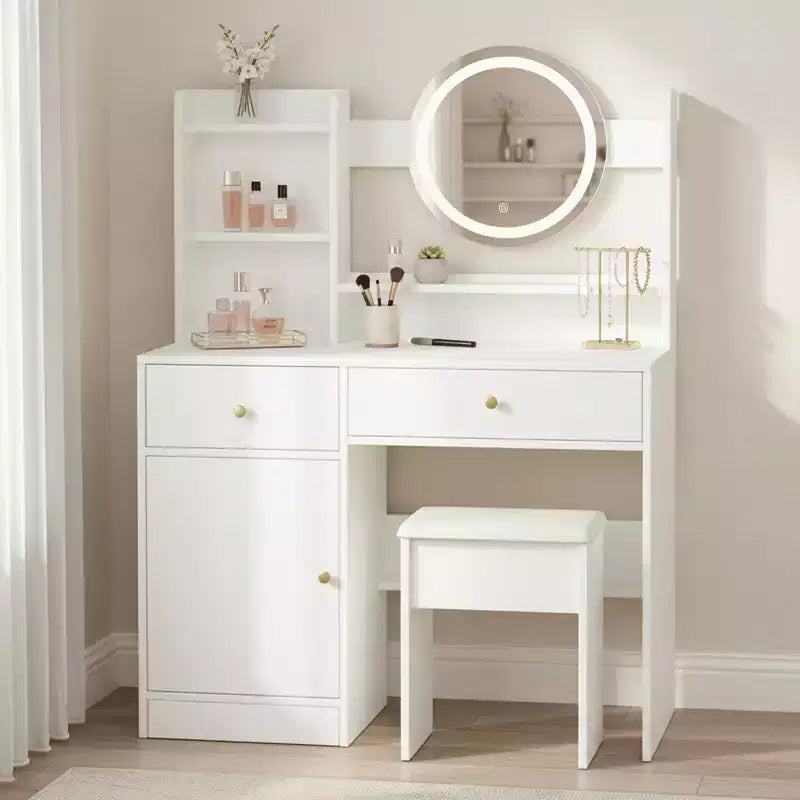 Homy Casa Vanity Desk with Lighted Mirror, Adjustable LED Lighting, White