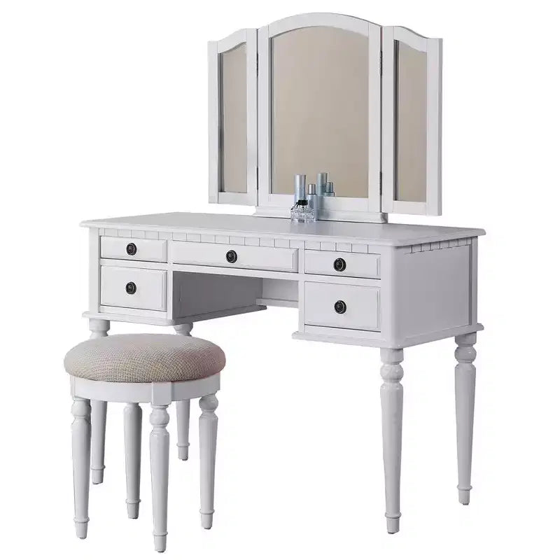 Poundex Wooden Makeup Vanity Set Desk, Mirror and Stool - White
