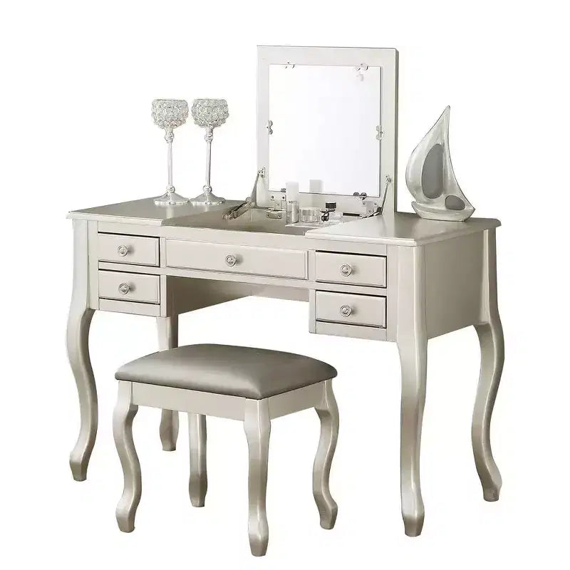Poundex Wooden Makeup Vanity Set Desk, Mirror and Stool