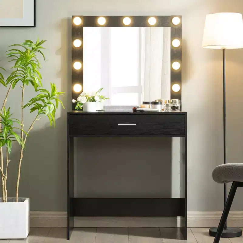 Vanity Desk with Mirror, Adjustable Brightness Makeup Table with 3 Lighting Modes, Drawer, Compact for Small Space, Home, Living Room