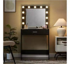 Toeletta con specchio, tavolo da trucco con luminosità regolabile e 3 modalità di illuminazione, cassetto, compatta per piccoli spazi, casa o soggiorno
