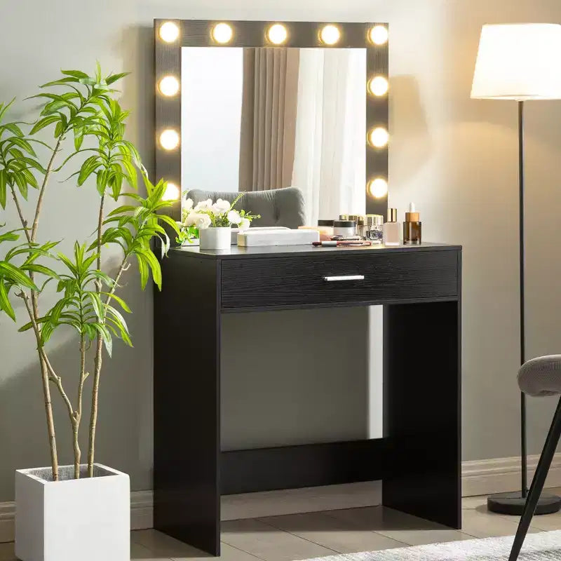 Toeletta con specchio, tavolo da trucco con luminosità regolabile e 3 modalità di illuminazione, cassetto, compatta per piccoli spazi, casa o soggiorno