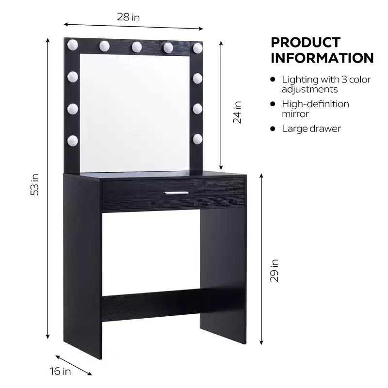 Toeletta con specchio, tavolo da trucco con luminosità regolabile e 3 modalità di illuminazione, cassetto, compatta per piccoli spazi, casa o soggiorno