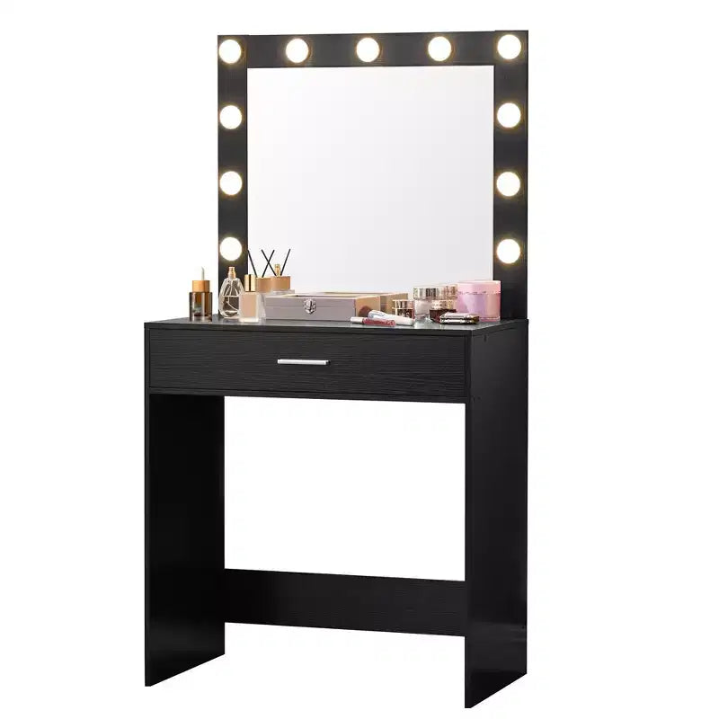 Toeletta con specchio, tavolo da trucco con luminosità regolabile e 3 modalità di illuminazione, cassetto, compatta per piccoli spazi, casa o soggiorno