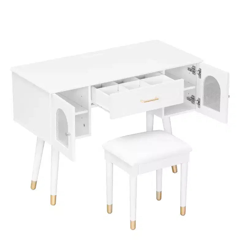 Elegante make-uptafel- en stoelenset van Furniliving, moderne kaptafel met organizer, bureau en oplaadpoort