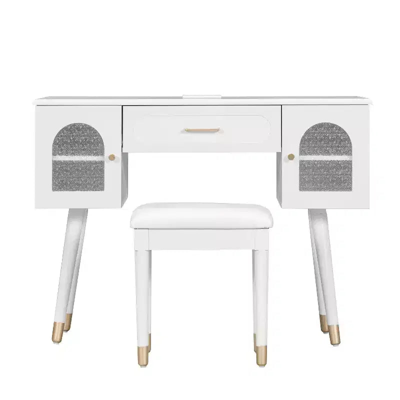 Elegante make-uptafel- en stoelenset van Furniliving, moderne kaptafel met organizer, bureau en oplaadpoort