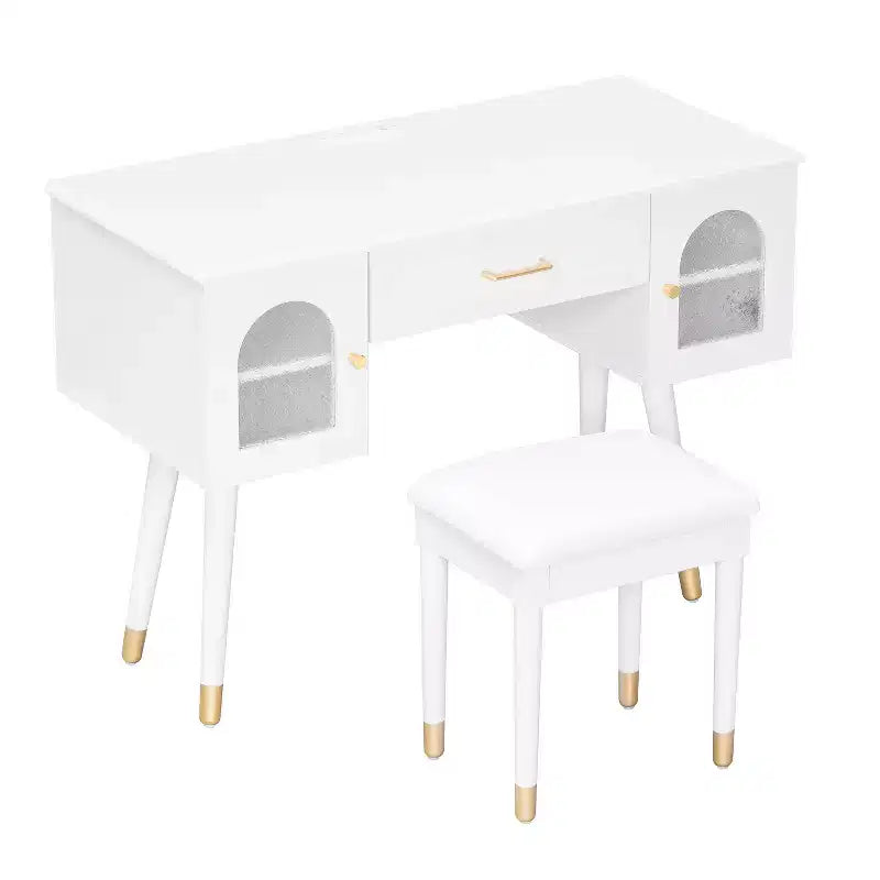 Elegante make-uptafel- en stoelenset van Furniliving, moderne kaptafel met organizer, bureau en oplaadpoort