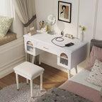 Elegante make-uptafel- en stoelenset van Furniliving, moderne kaptafel met organizer, bureau en oplaadpoort