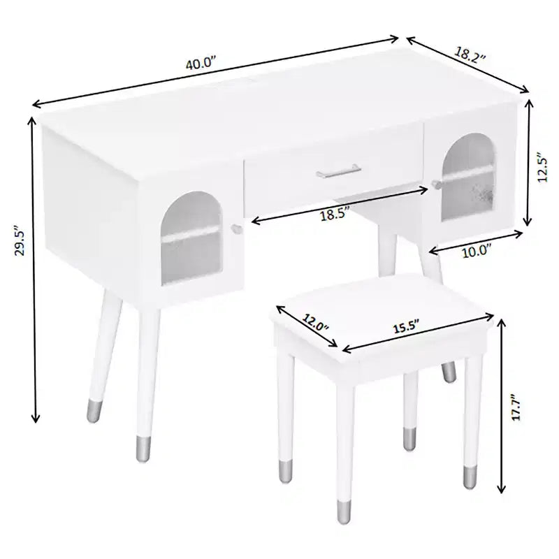 Elegante make-uptafel- en stoelenset van Furniliving, moderne kaptafel met organizer, bureau en oplaadpoort