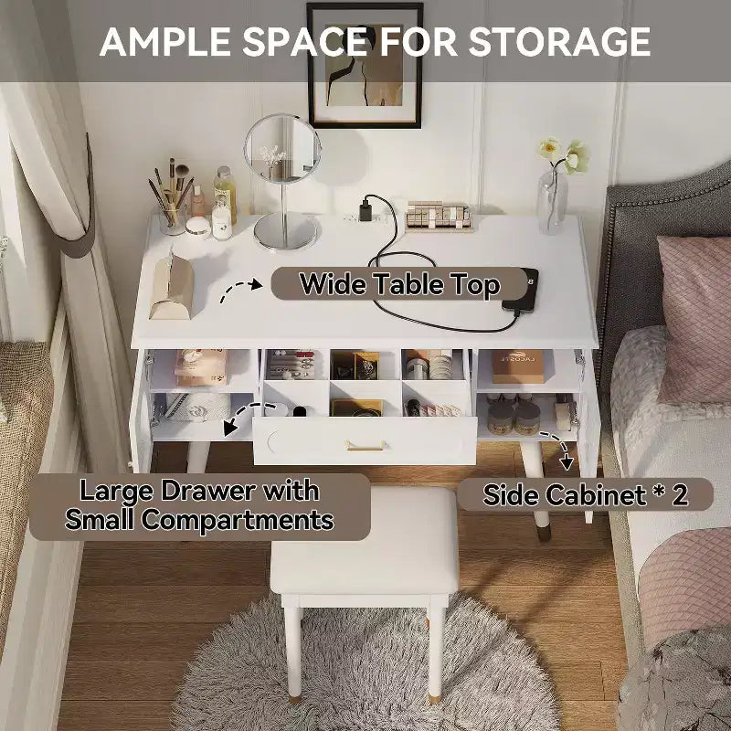 Elegante make-uptafel- en stoelenset van Furniliving, moderne kaptafel met organizer, bureau en oplaadpoort