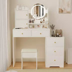 GDFStudio Carys Round Mirror Vanity Desk with Adjustable Lights, 1 Cushioned Chair and Multiple Storage Compartments