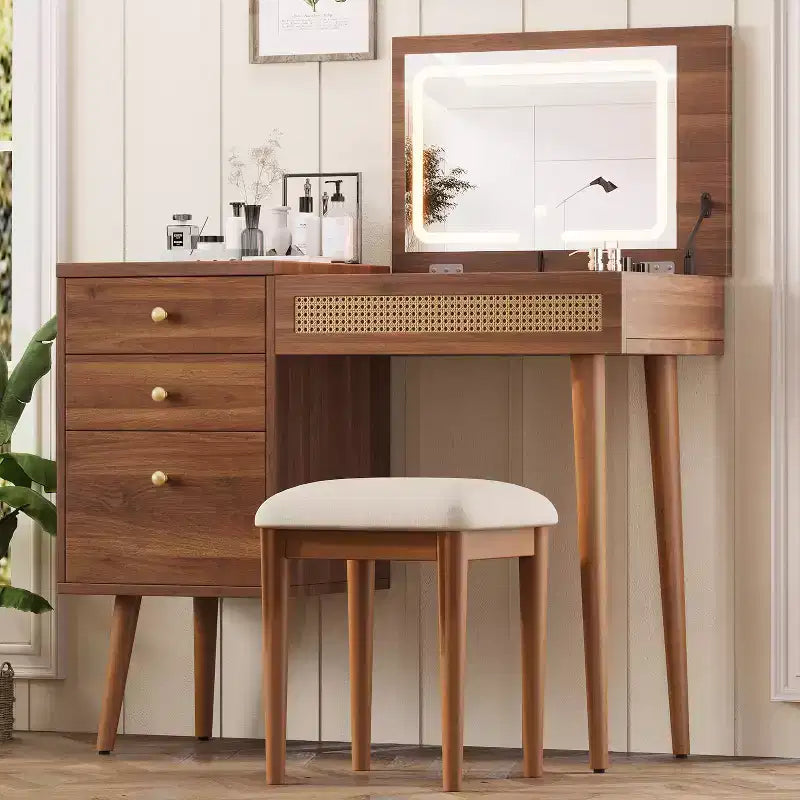 Makeup Vanity Desk Vanity Table Bohemian Dressing Table Set with Cushioned Stool, 3 Color Lighted Mirror & Flip-Top Tabletop, Walnut - ModernLuxe