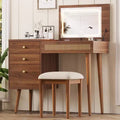 Makeup Vanity Desk Vanity Table Bohemian Dressing Table Set with Cushioned Stool, 3 Color Lighted Mirror & Flip-Top Tabletop, Walnut - ModernLuxe