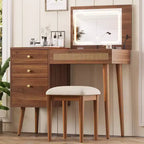 Makeup Vanity Desk Vanity Table Bohemian Dressing Table Set with Cushioned Stool, 3 Color Lighted Mirror & Flip-Top Tabletop, Walnut - ModernLuxe
