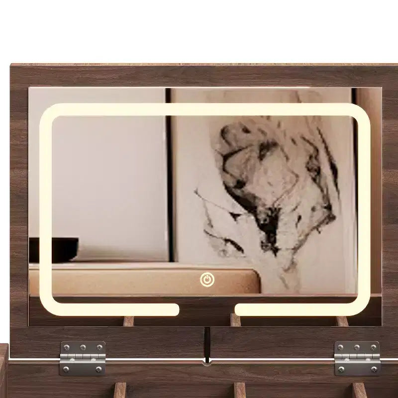 Set da tavolo da toeletta per trucco in stile bohemien ModernLuxe, sgabello imbottito, specchio illuminato a 3 colori e piano ribaltabile, noce