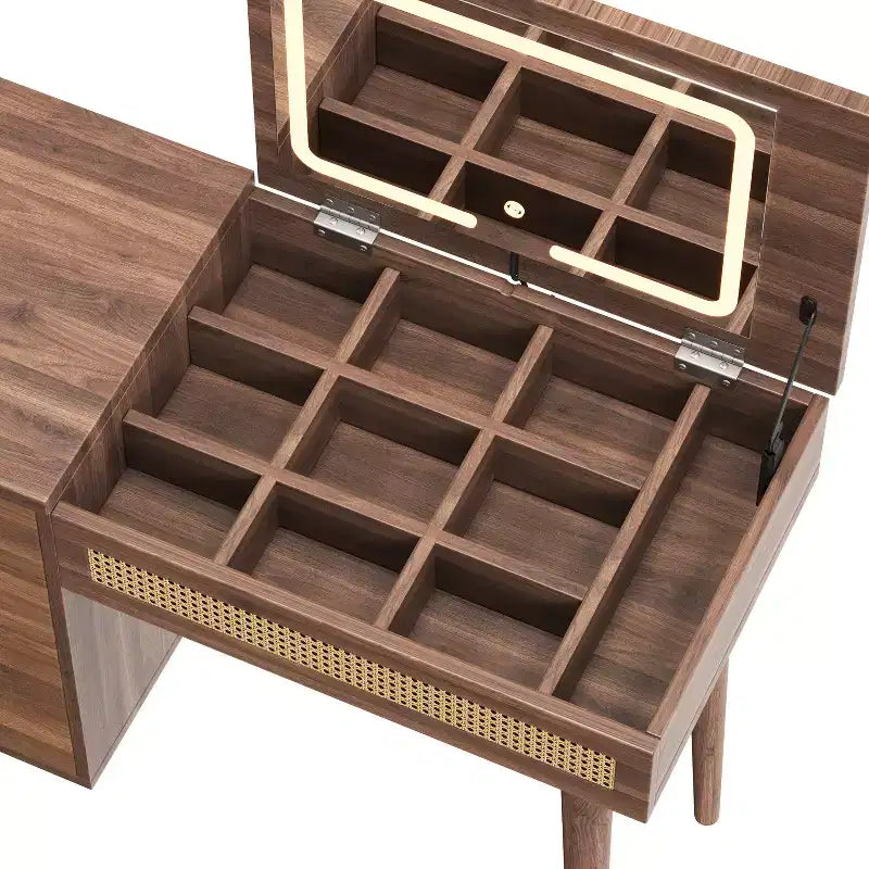 Set da tavolo da toeletta per trucco in stile bohemien ModernLuxe, sgabello imbottito, specchio illuminato a 3 colori e piano ribaltabile, noce