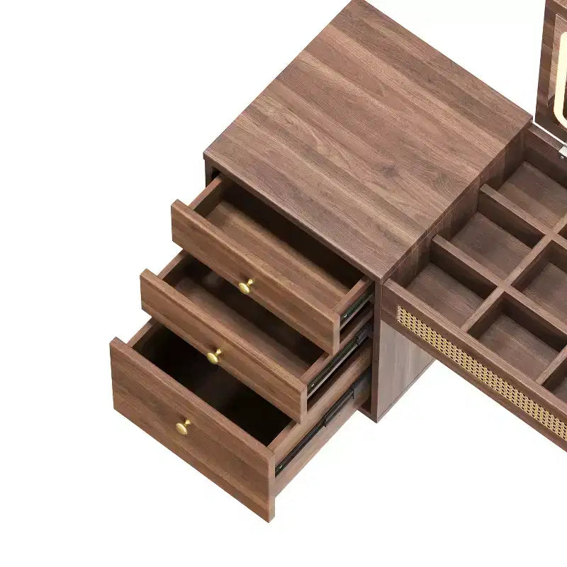 Set da tavolo da toeletta per trucco in stile bohemien ModernLuxe, sgabello imbottito, specchio illuminato a 3 colori e piano ribaltabile, noce