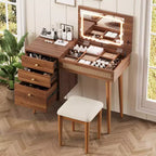 Set da tavolo da toeletta per trucco in stile bohemien ModernLuxe, sgabello imbottito, specchio illuminato a 3 colori e piano ribaltabile, noce