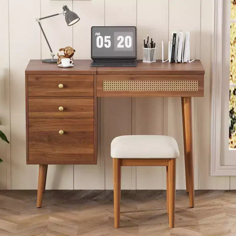 Set da tavolo da toeletta per trucco in stile bohemien ModernLuxe, sgabello imbottito, specchio illuminato a 3 colori e piano ribaltabile, noce
