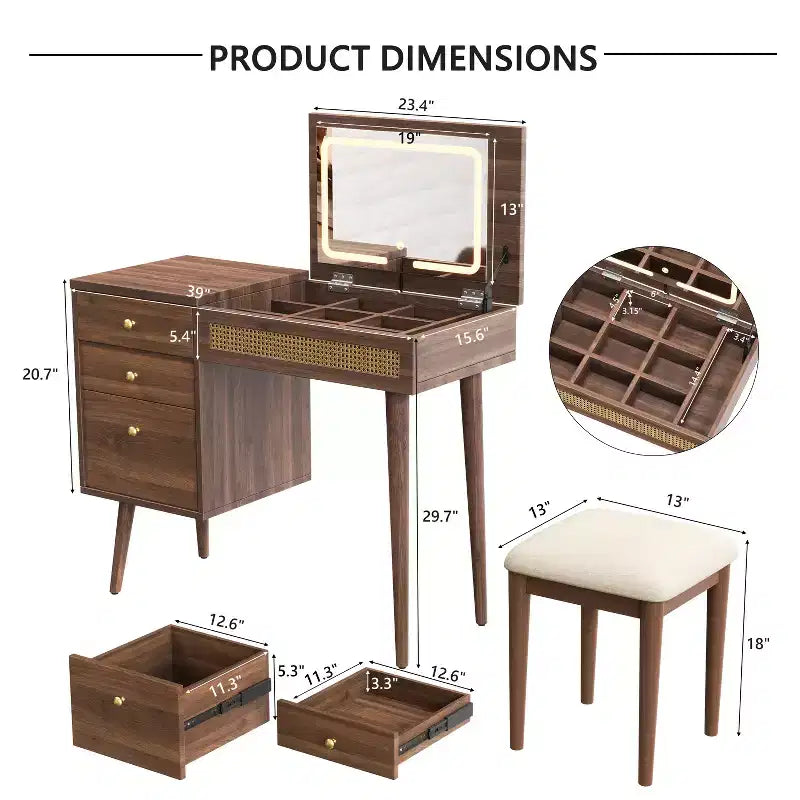 Set da tavolo da toeletta per trucco in stile bohemien ModernLuxe, sgabello imbottito, specchio illuminato a 3 colori e piano ribaltabile, noce