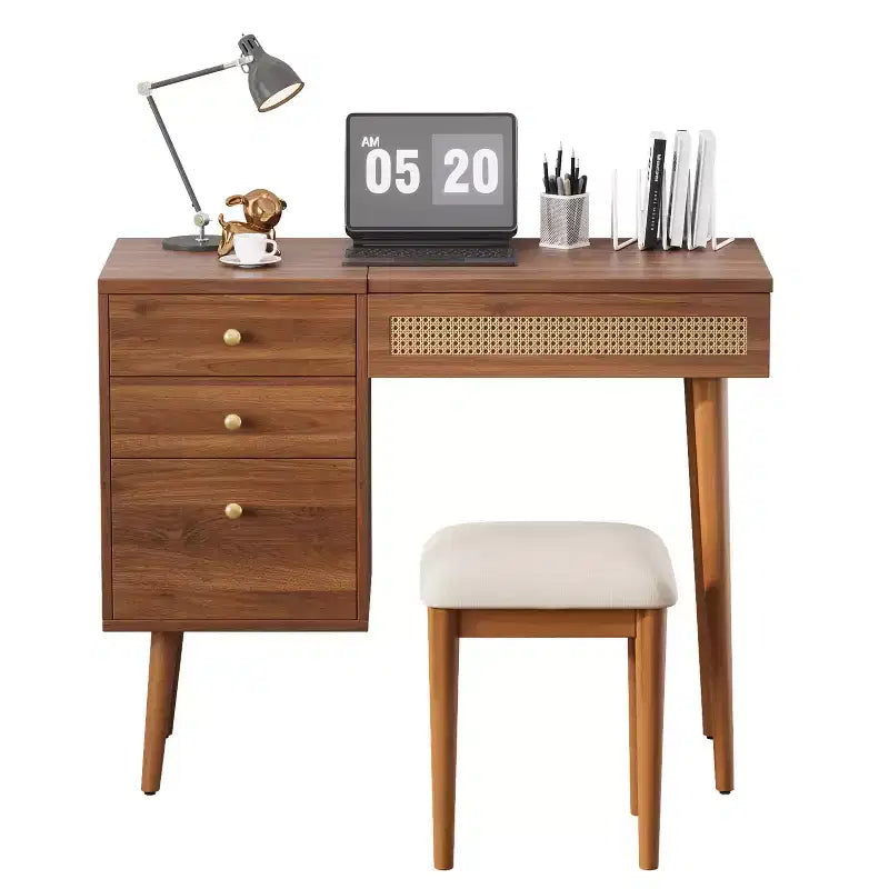 Set da tavolo da toeletta per trucco in stile bohemien ModernLuxe, sgabello imbottito, specchio illuminato a 3 colori e piano ribaltabile, noce