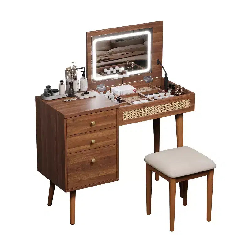 Set da tavolo da toeletta per trucco in stile bohemien ModernLuxe, sgabello imbottito, specchio illuminato a 3 colori e piano ribaltabile, noce