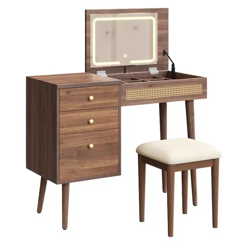 Set da tavolo da toeletta per trucco in stile bohemien ModernLuxe, sgabello imbottito, specchio illuminato a 3 colori e piano ribaltabile, noce