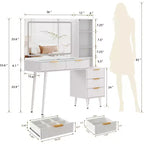 48 Fluted Makeup Vanity Desk with 3-Mode Lights Mirror, Makeup Vanity Glass Top & Power Outlet - Modern Dressing Table for Bedroom
