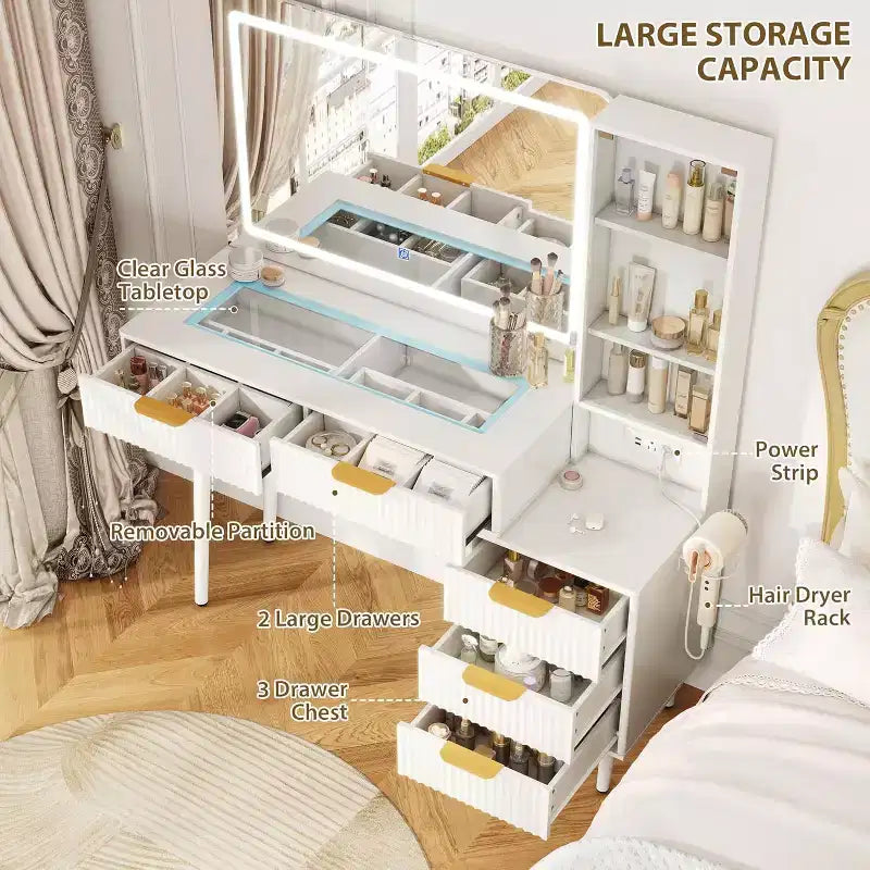 48 Fluted Makeup Vanity Desk with 3-Mode Lights Mirror, Makeup Vanity Glass Top & Power Outlet - Modern Dressing Table for Bedroom