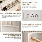 48 Fluted Makeup Vanity Desk with 3-Mode Lights Mirror, Makeup Vanity Glass Top & Power Outlet - Modern Dressing Table for Bedroom