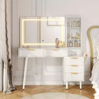 48 Fluted Makeup Vanity Desk with 3-Mode Lights Mirror, Makeup Vanity Glass Top & Power Outlet - Modern Dressing Table for Bedroom