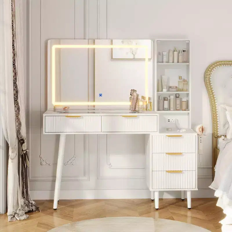 48 Fluted Makeup Vanity Desk with 3-Mode Lights Mirror, Makeup Vanity Glass Top & Power Outlet - Modern Dressing Table for Bedroom