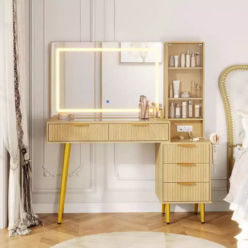 48 Fluted Makeup Vanity Desk with 3-Mode Lights Mirror, Makeup Vanity Glass Top & Power Outlet - Modern Dressing Table for Bedroom