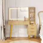 48 Fluted Makeup Vanity Desk with 3-Mode Lights Mirror, Makeup Vanity Glass Top & Power Outlet - Modern Dressing Table for Bedroom