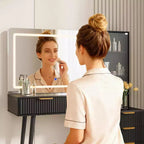 48 Fluted Makeup Vanity Desk with 3-Mode Lights Mirror, Makeup Vanity Glass Top & Power Outlet - Modern Dressing Table for Bedroom