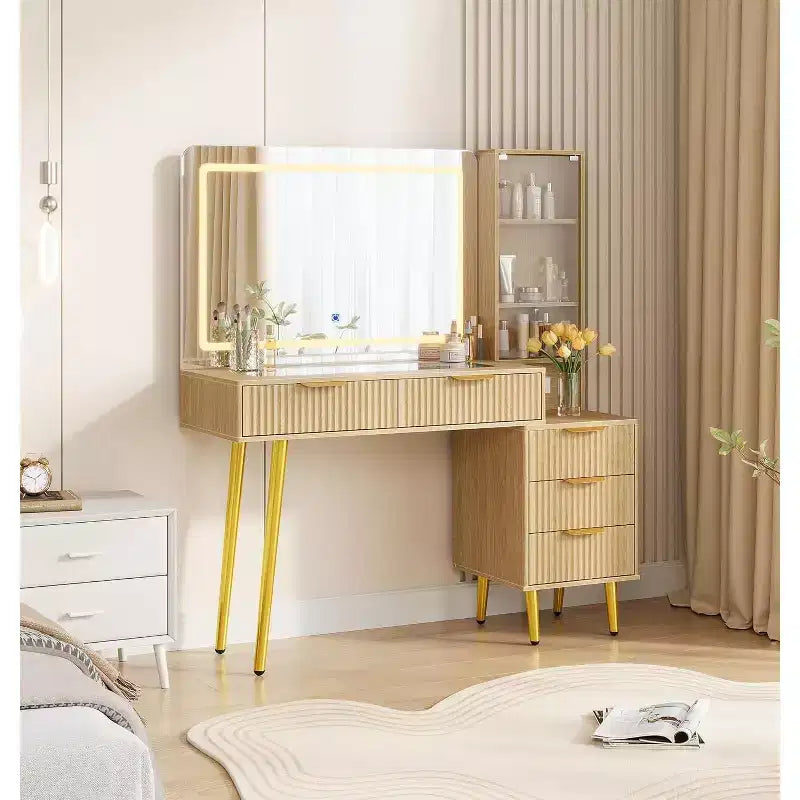 48 Fluted Makeup Vanity Desk with 3-Mode Lights Mirror, Makeup Vanity Glass Top & Power Outlet - Modern Dressing Table for Bedroom