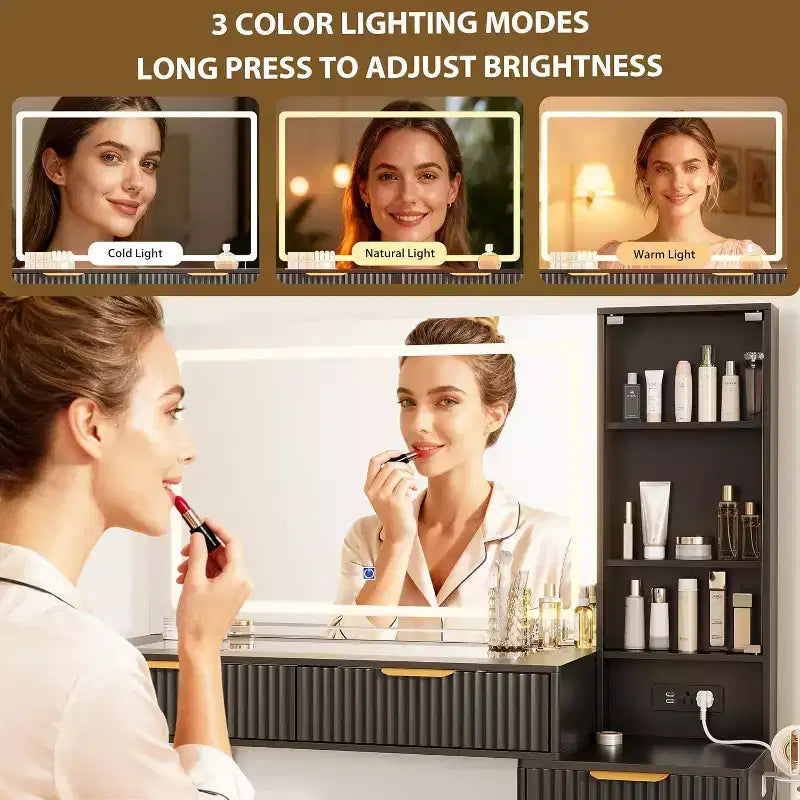 48 Fluted Makeup Vanity Desk with 3-Mode Lights Mirror, Makeup Vanity Glass Top & Power Outlet - Modern Dressing Table for Bedroom